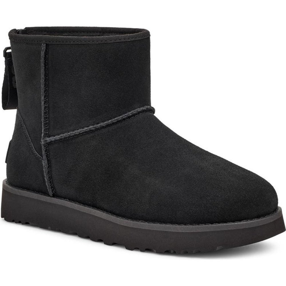 NIB UGG WOMEN'S MINI ZIP LOGO SUEDE SHEARLING BOOTS‎ BLACK